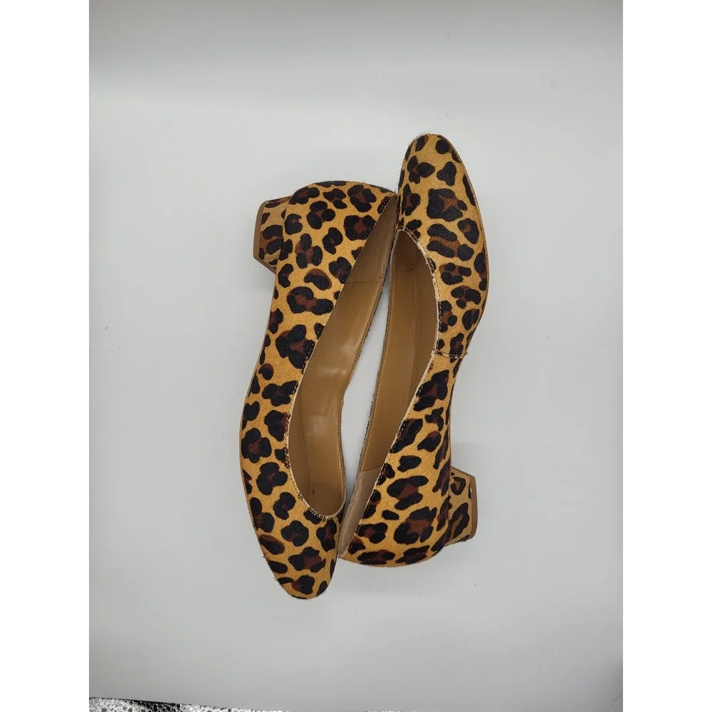 J.Crew Leopard Calf Hair Flats Low Block‎ Heel Brown Animal Print Size 7 Vegan